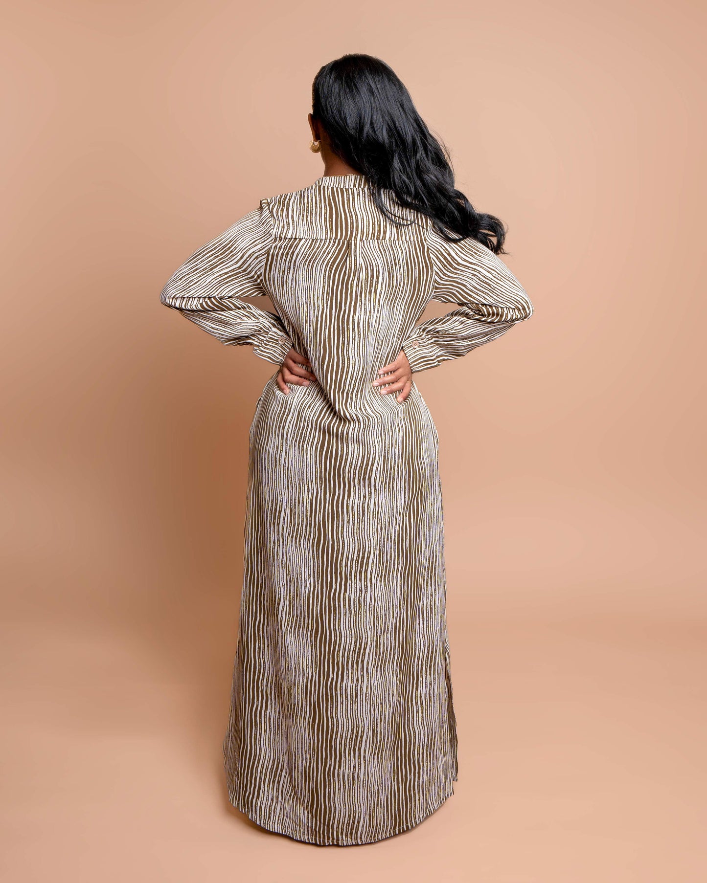 Button-Down Maxi Dress with Belt - Olive Brown Stripes
