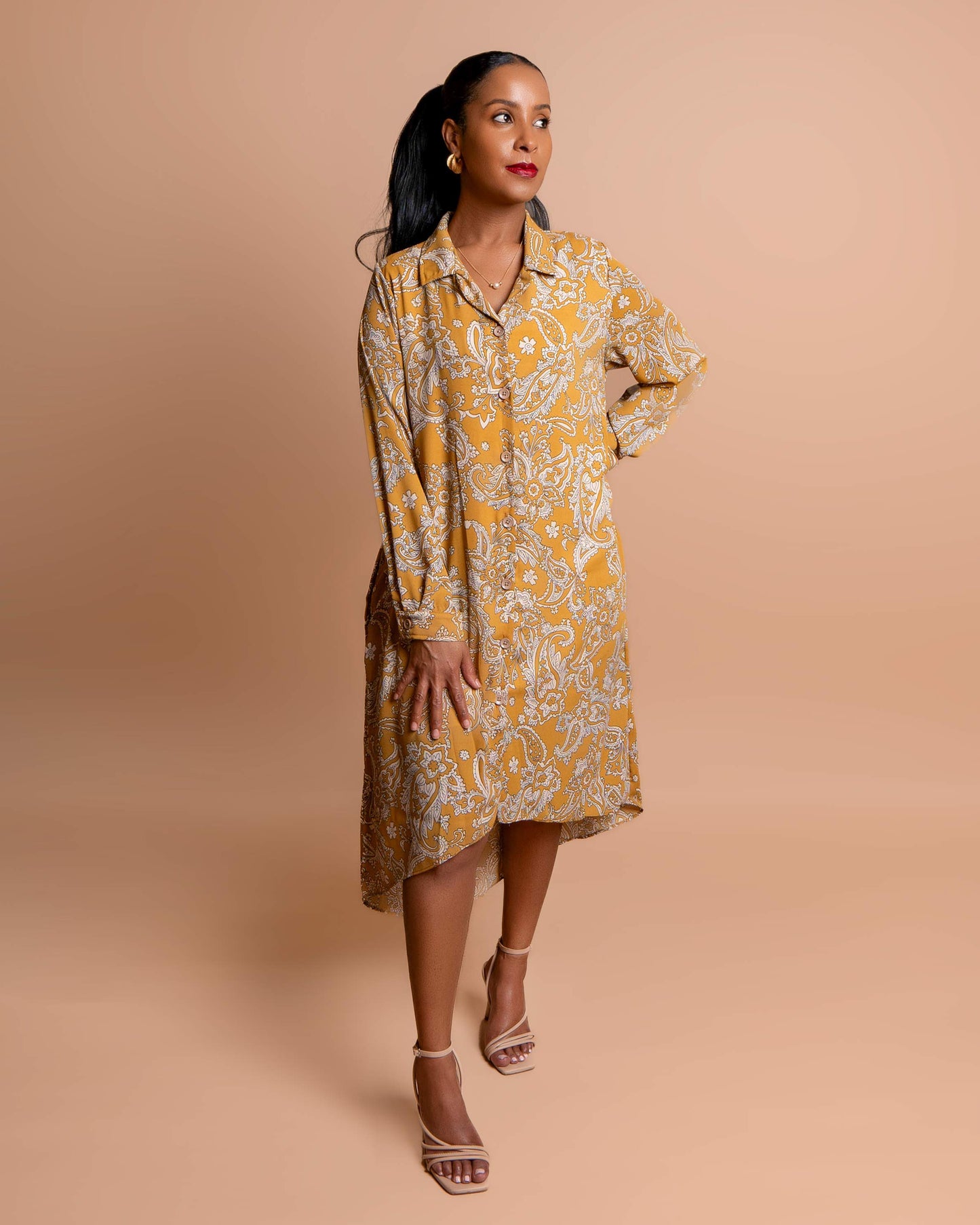 Long-sleeved High Low Dress - Paisley Floral Print