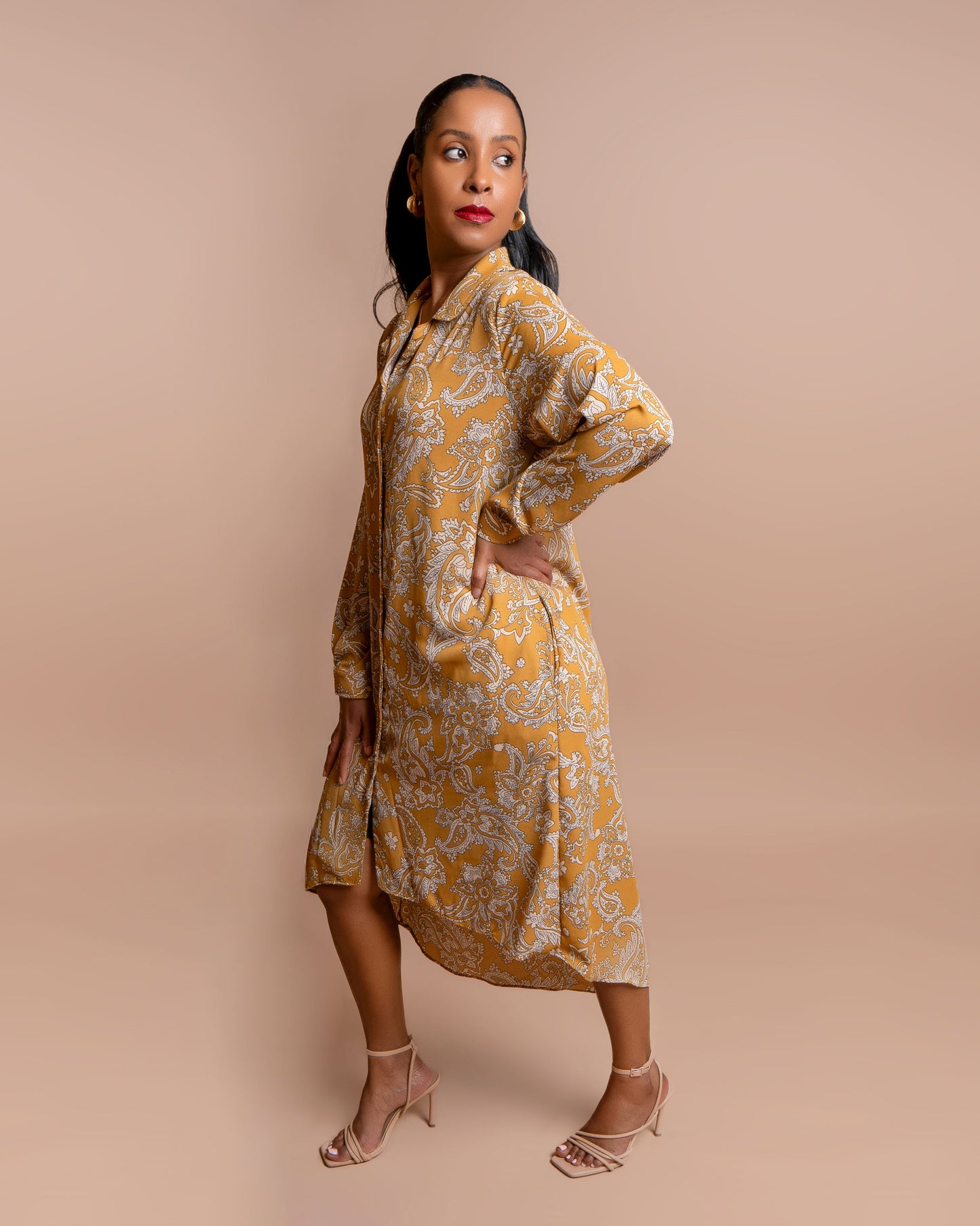 Long-sleeved High Low Dress - Paisley Floral Print