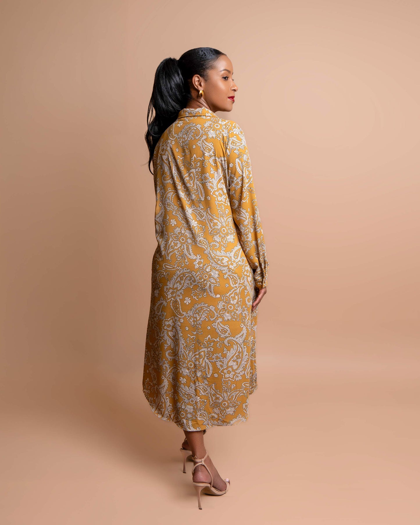 Long-sleeved High Low Dress - Paisley Floral Print