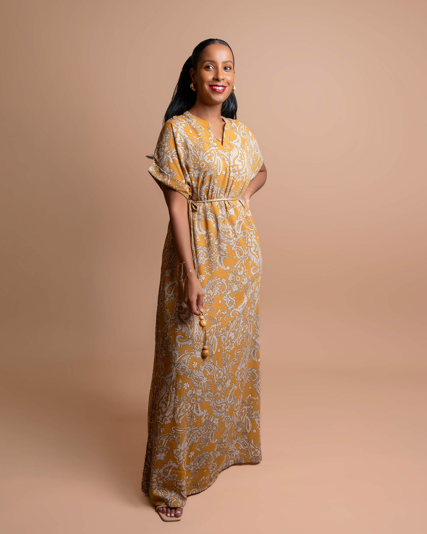 Maxi Dress with Beaded Tie Belt - Floral Paisley Print