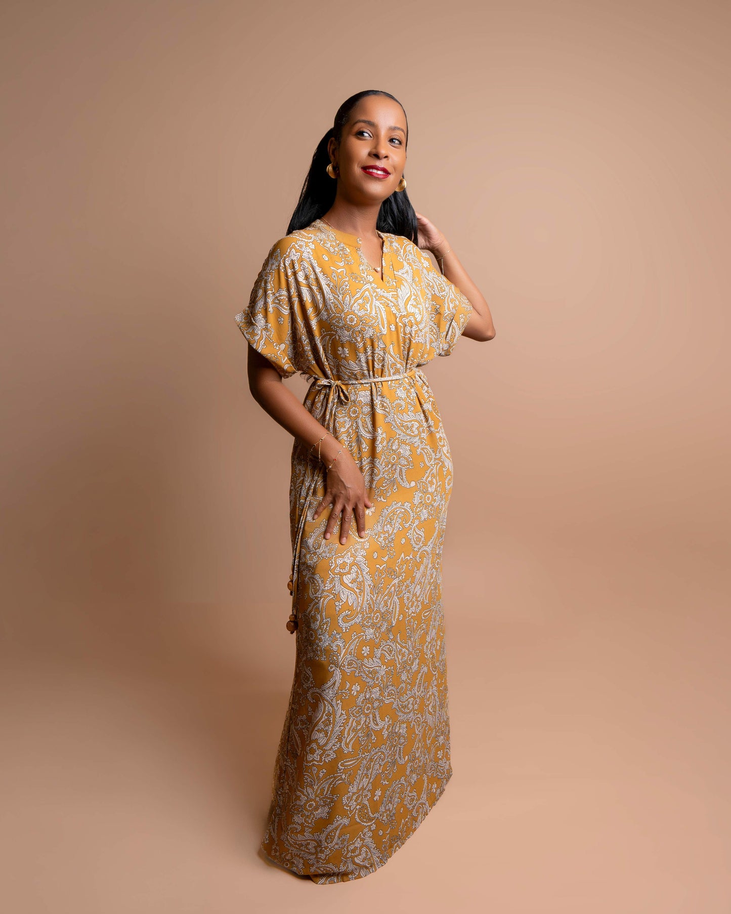 Maxi Dress with Beaded Tie Belt - Floral Paisley Print