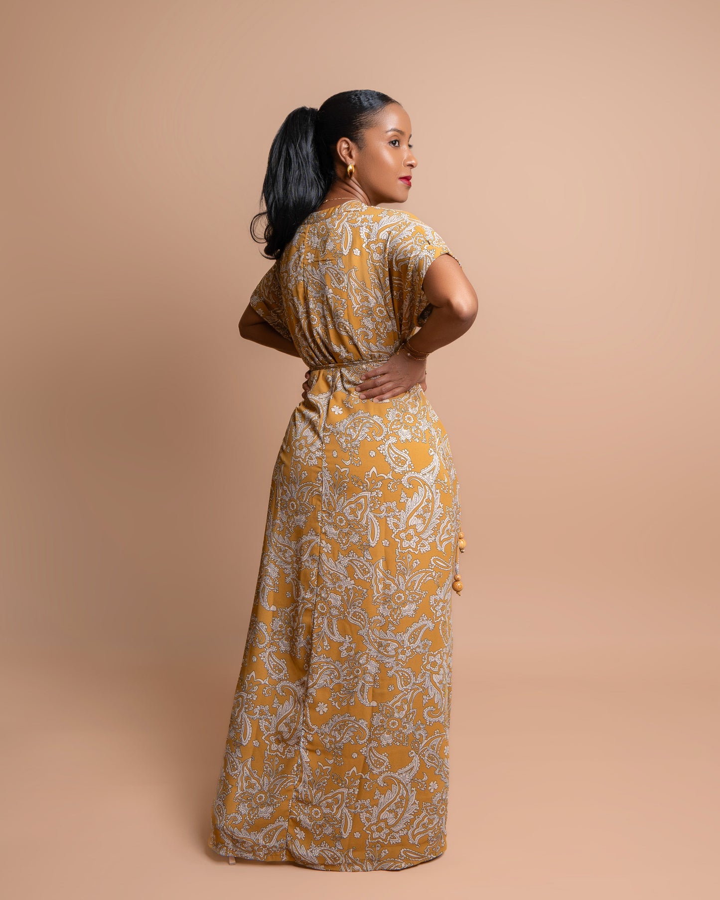 Maxi Dress with Beaded Tie Belt - Floral Paisley Print