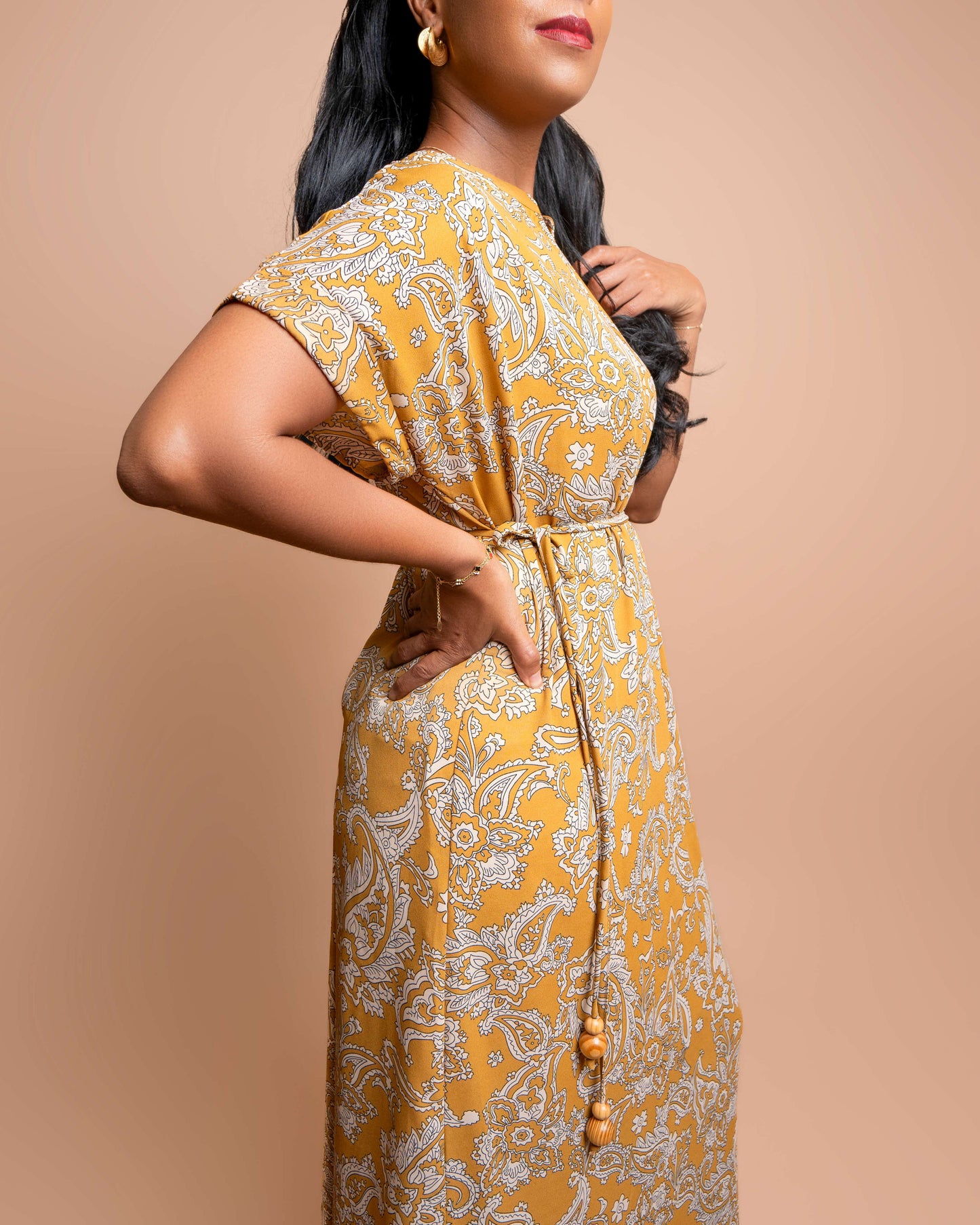 Maxi Dress with Beaded Tie Belt - Floral Paisley Print