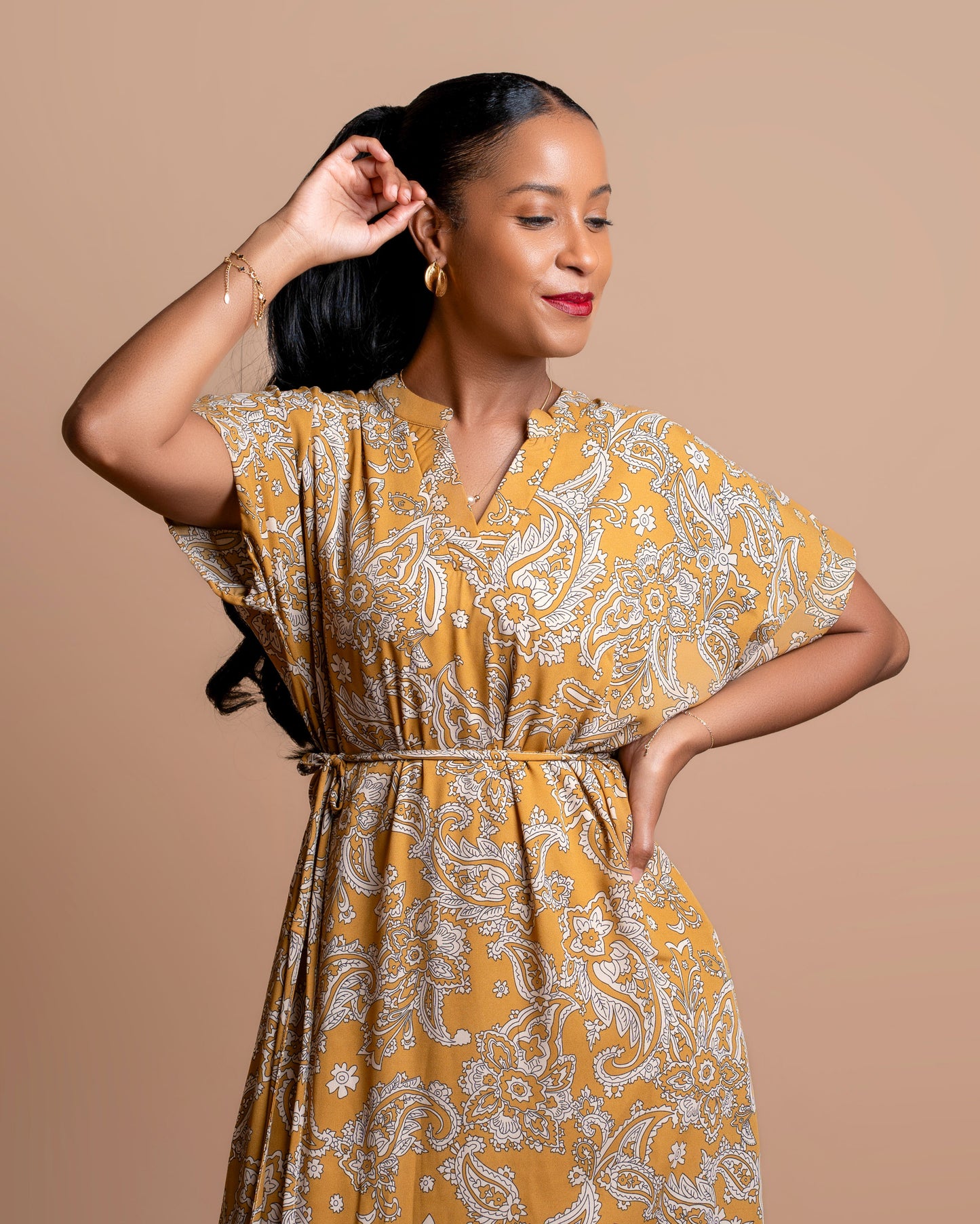 Maxi Dress with Beaded Tie Belt - Floral Paisley Print