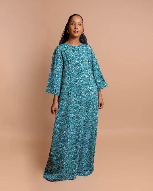 Round Neck Belted Maxi Dress - Turquoise Abstract Ripple