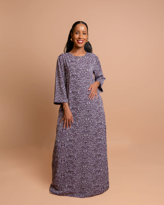 Round Neck Belted Maxi Dress - Purple Abstract Ripple