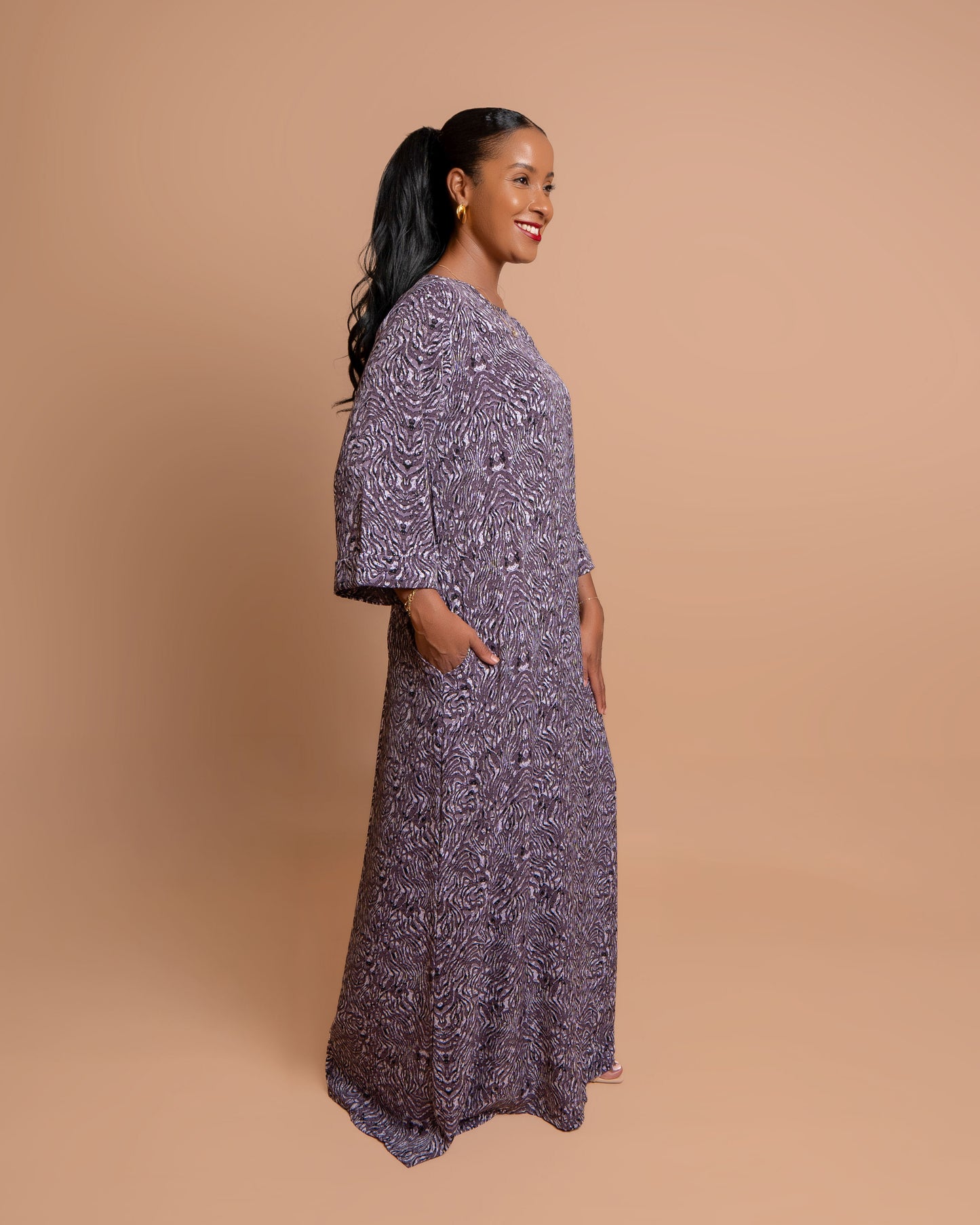 Round Neck Belted Maxi Dress - Purple Abstract Ripple