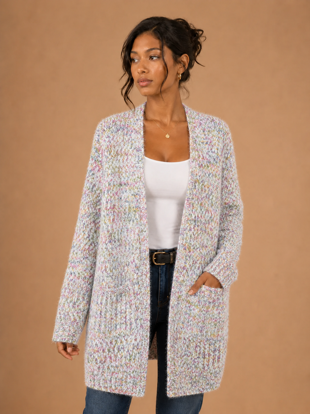 Fuzzy Open Front Knit Cardigan - Butter Yellow Confetti