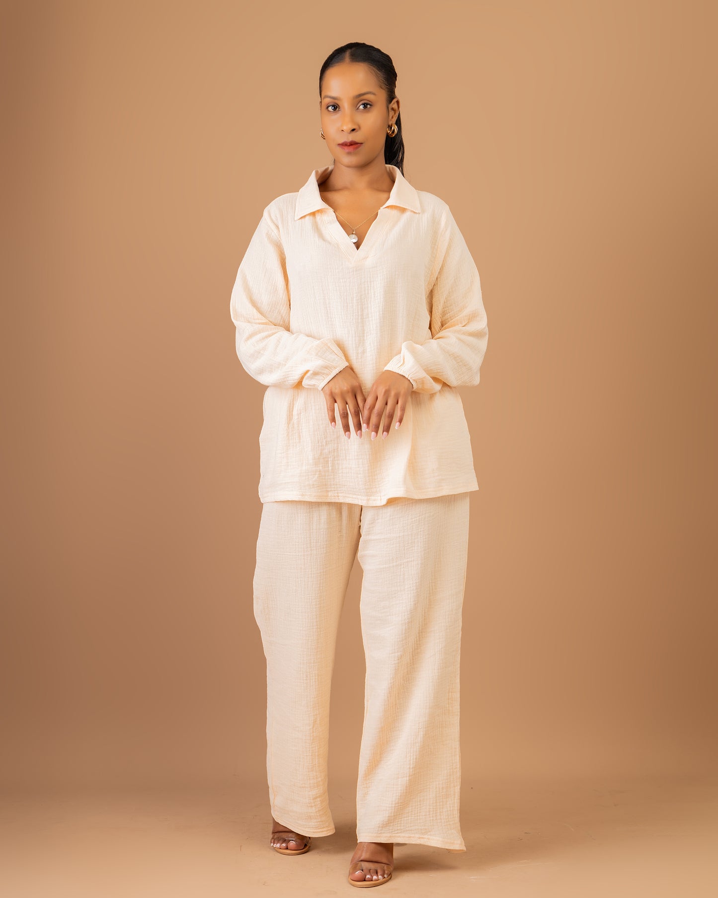 Apricot Cotton Two-Piece Pant Set