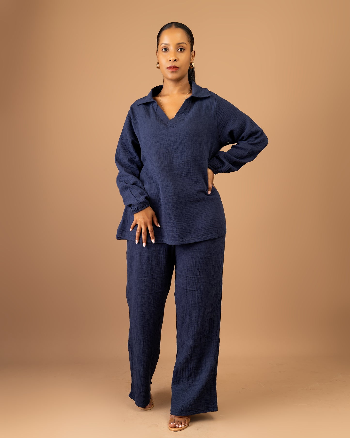 Navy Blue Cotton Two-Piece Pant Set