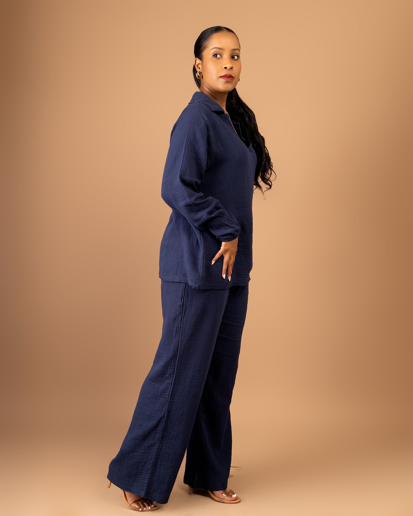 Navy Blue Cotton Two-Piece Pant Set