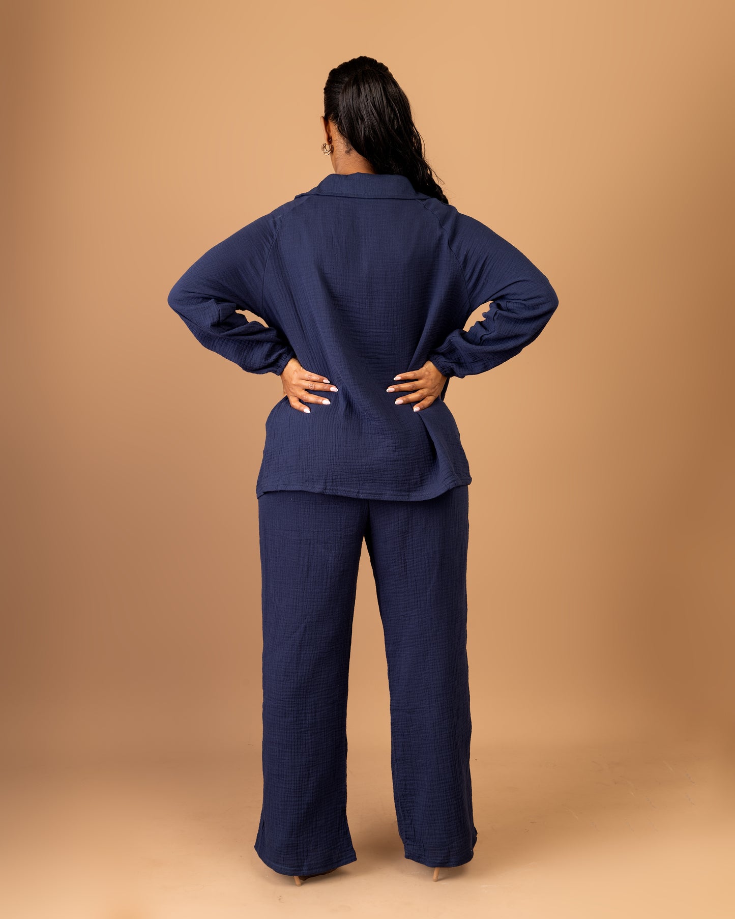 Navy Blue Cotton Two-Piece Pant Set