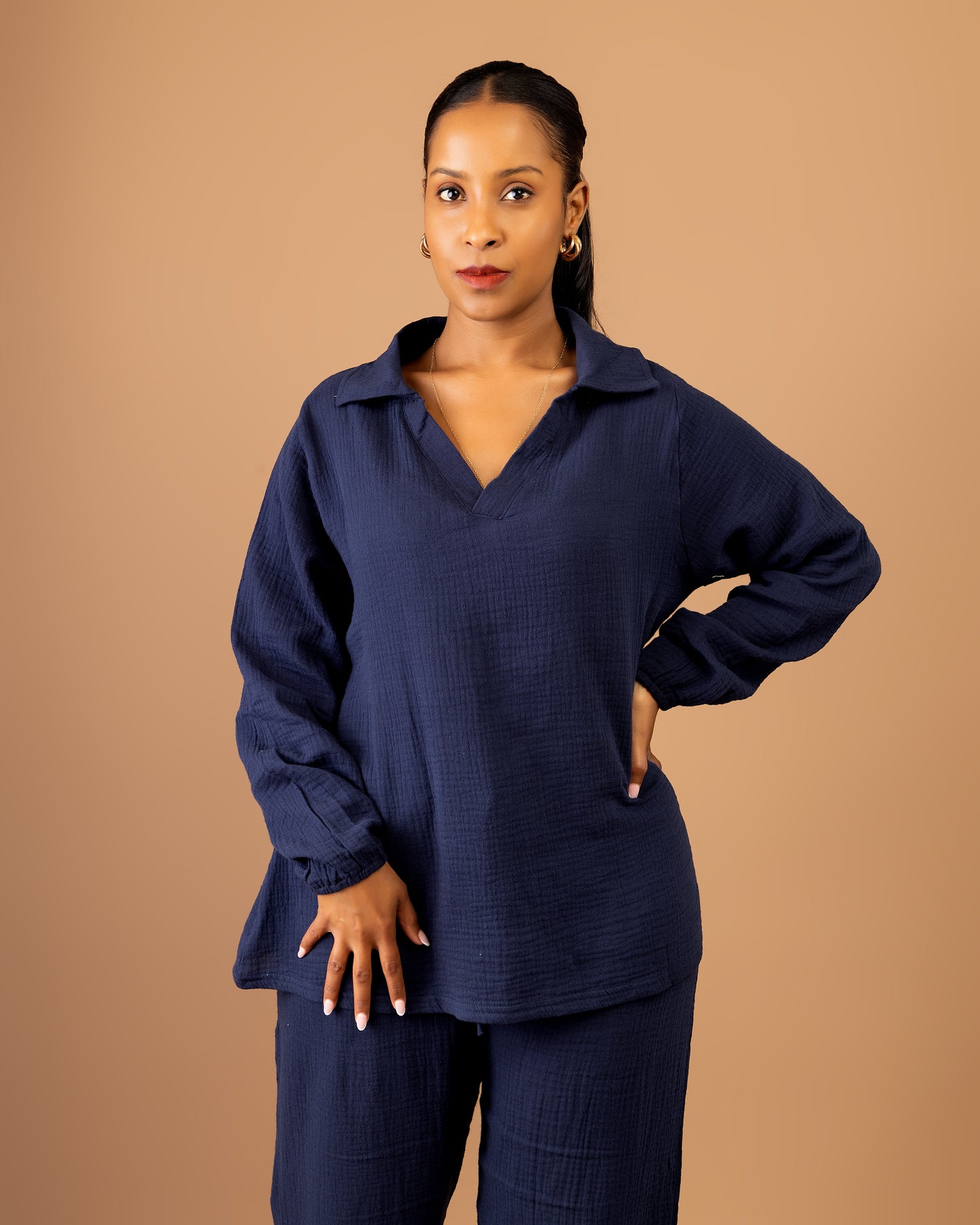 Navy Blue Cotton Two-Piece Pant Set