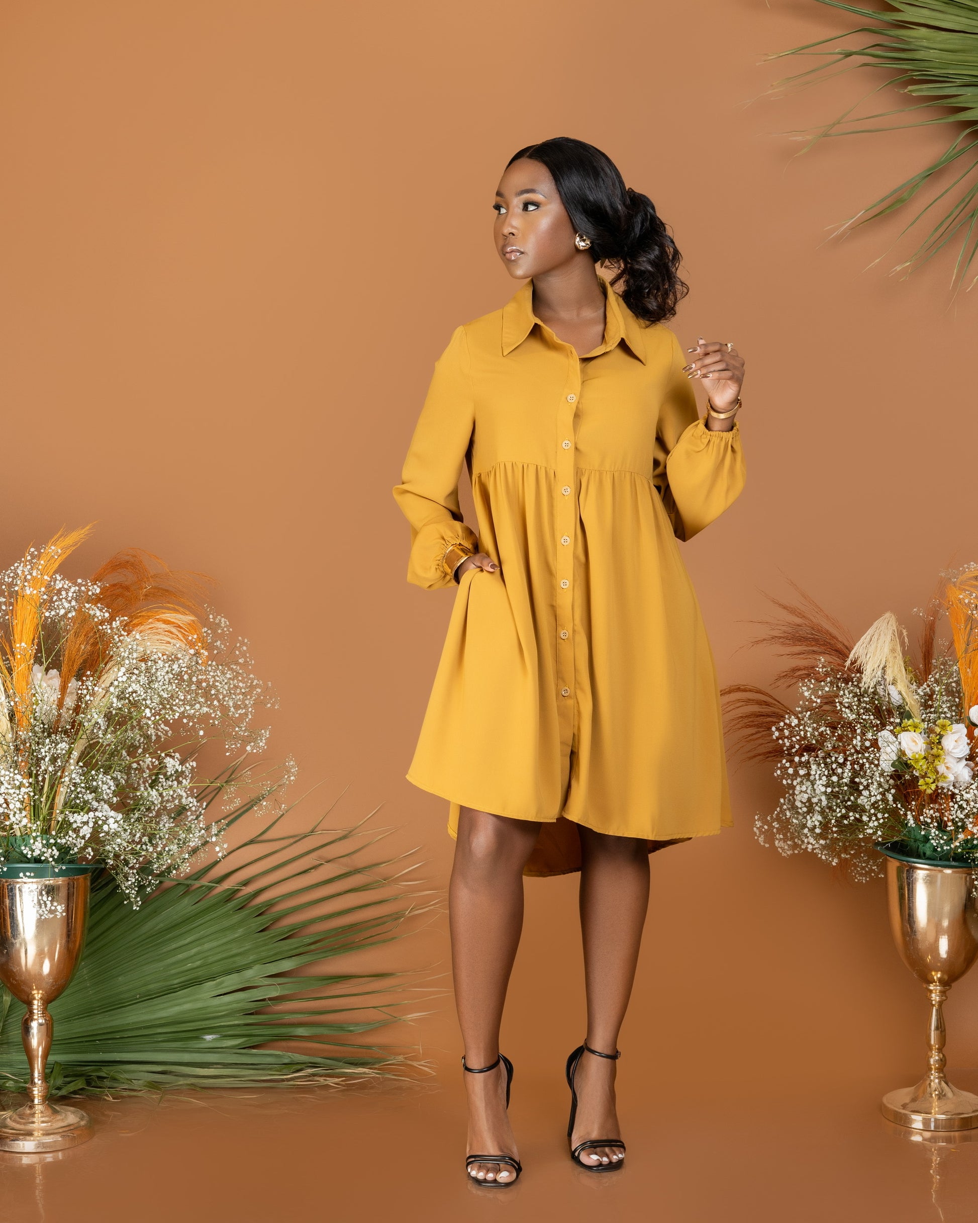 Button Front Smock Shirt Dress Mustard S