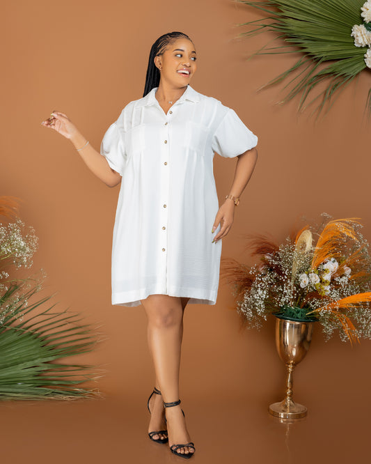 White Half Puff Sleeve Buttoned Dress