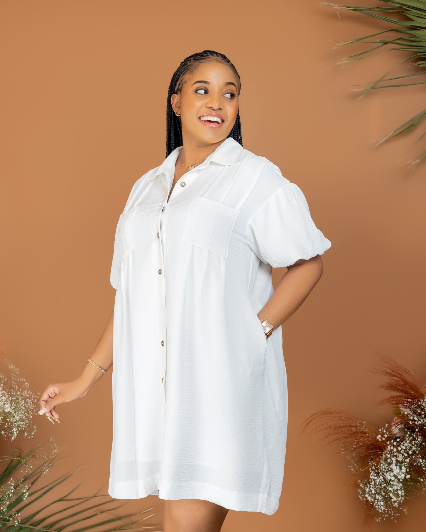 White Half Puff Sleeve Buttoned Dress