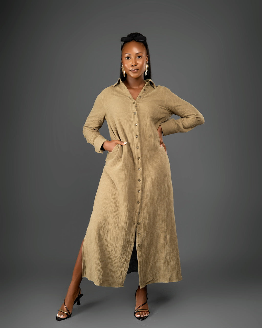 Mist Green Crinkle Maxi Shirt Dress