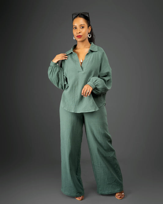 Green Crinkle Two-Piece Pant Set