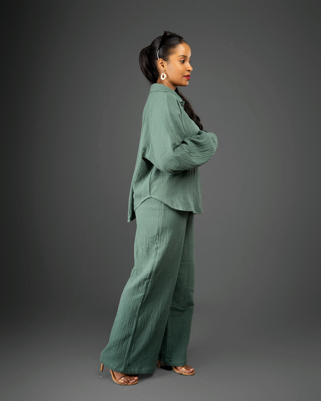 Green Crinkle Two-Piece Pant Set