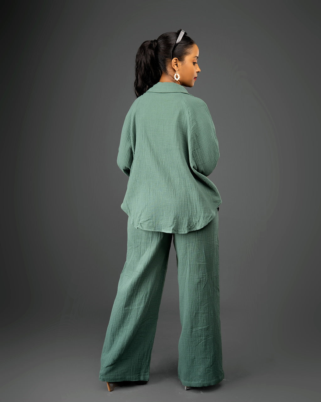 Green Crinkle Two-Piece Pant Set