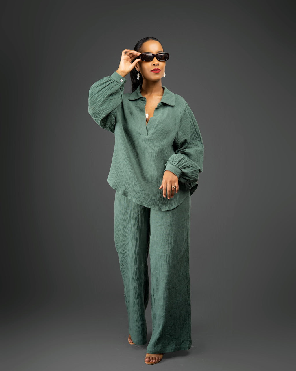 Green Crinkle Two-Piece Pant Set