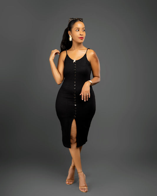 Black Rib Knit Midi Bodycon Dress with Slit