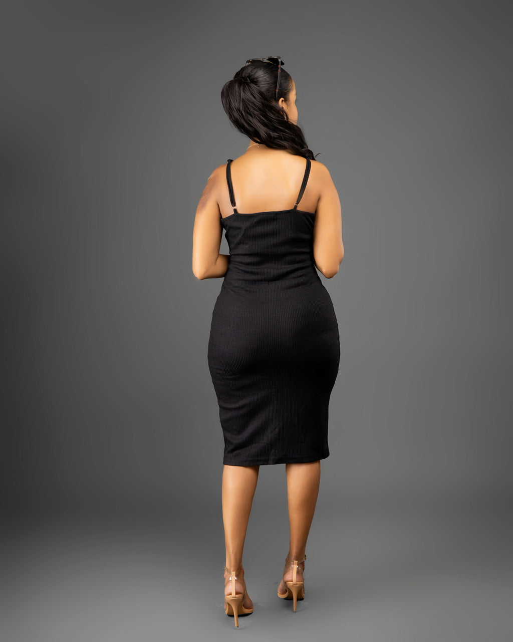 Black Rib Knit Midi Bodycon Dress with Slit