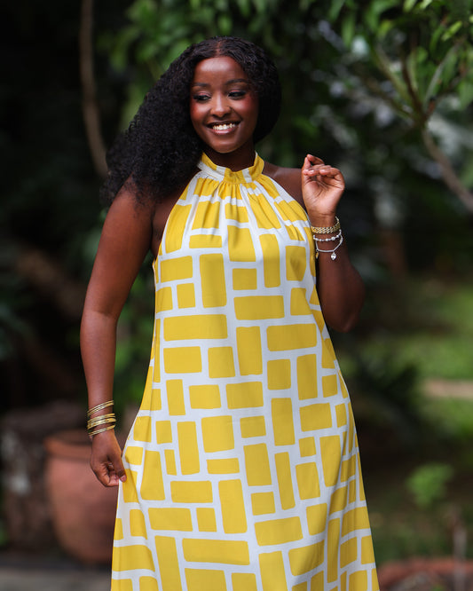 Halter Neck Maxi Dress - Yellow Mosaic