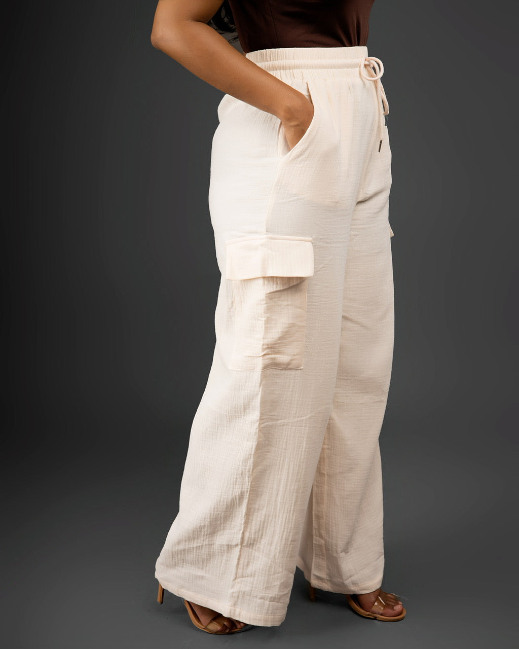 Apricot Drawstring Crinkled Cargo Pants