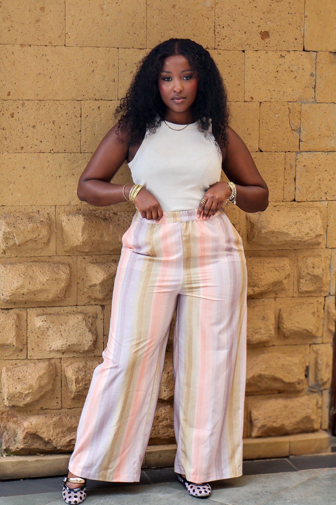 Wide Leg Palazzo Pants - Pastel Stripe
