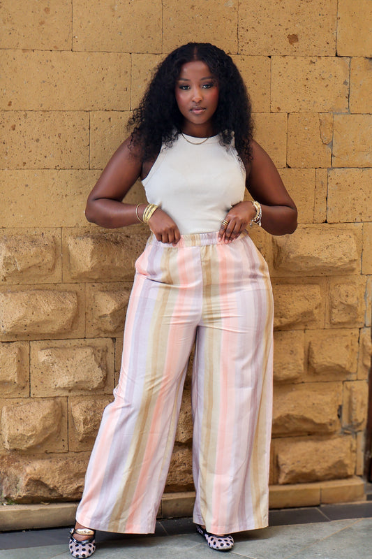 Wide Leg Palazzo Pants - Pastel Stripe