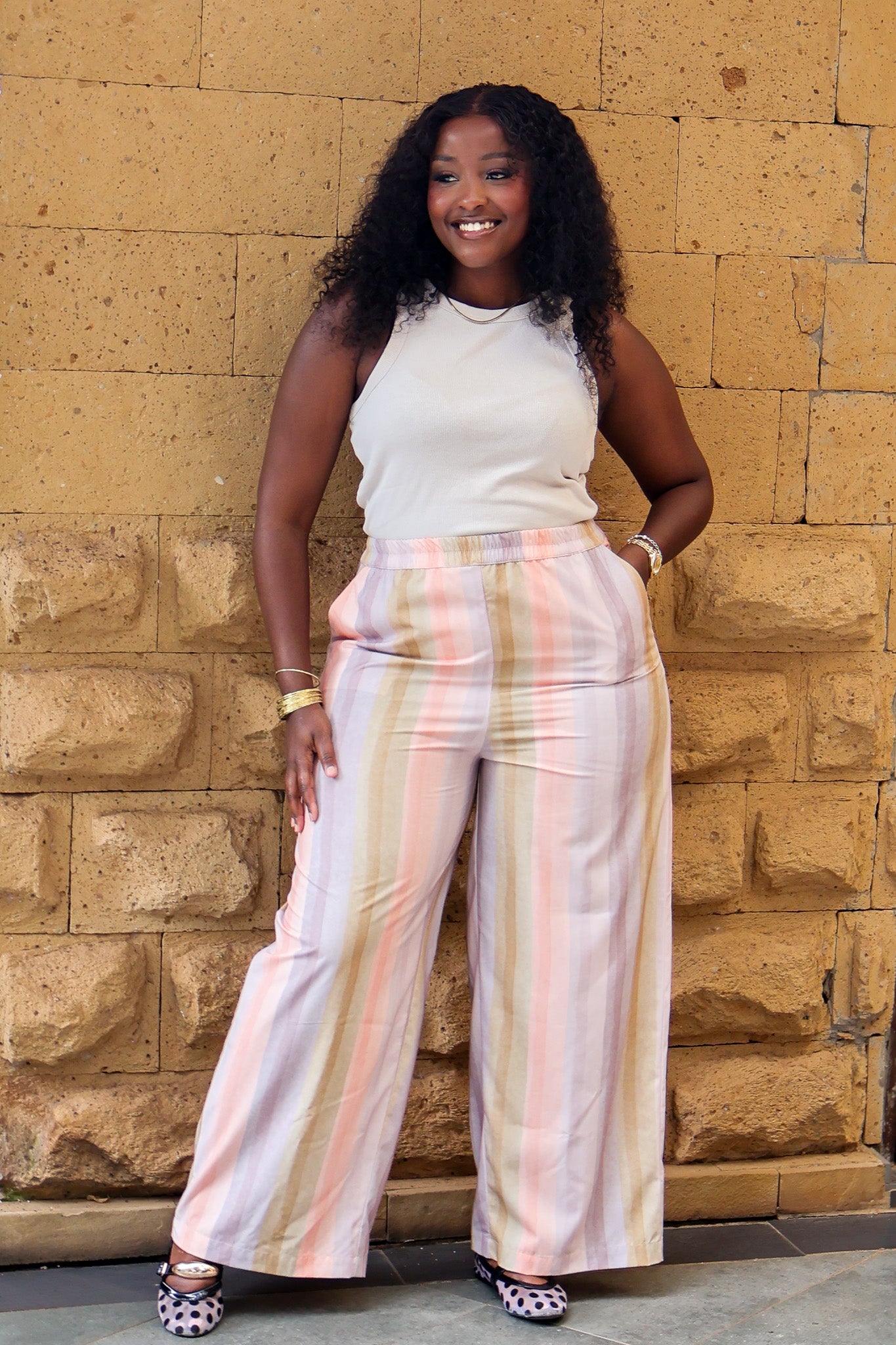 Wide Leg Palazzo Pants - Pastel Stripe