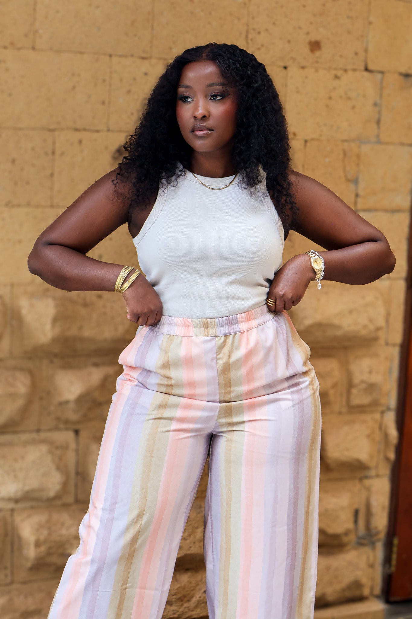Wide Leg Palazzo Pants - Pastel Stripe