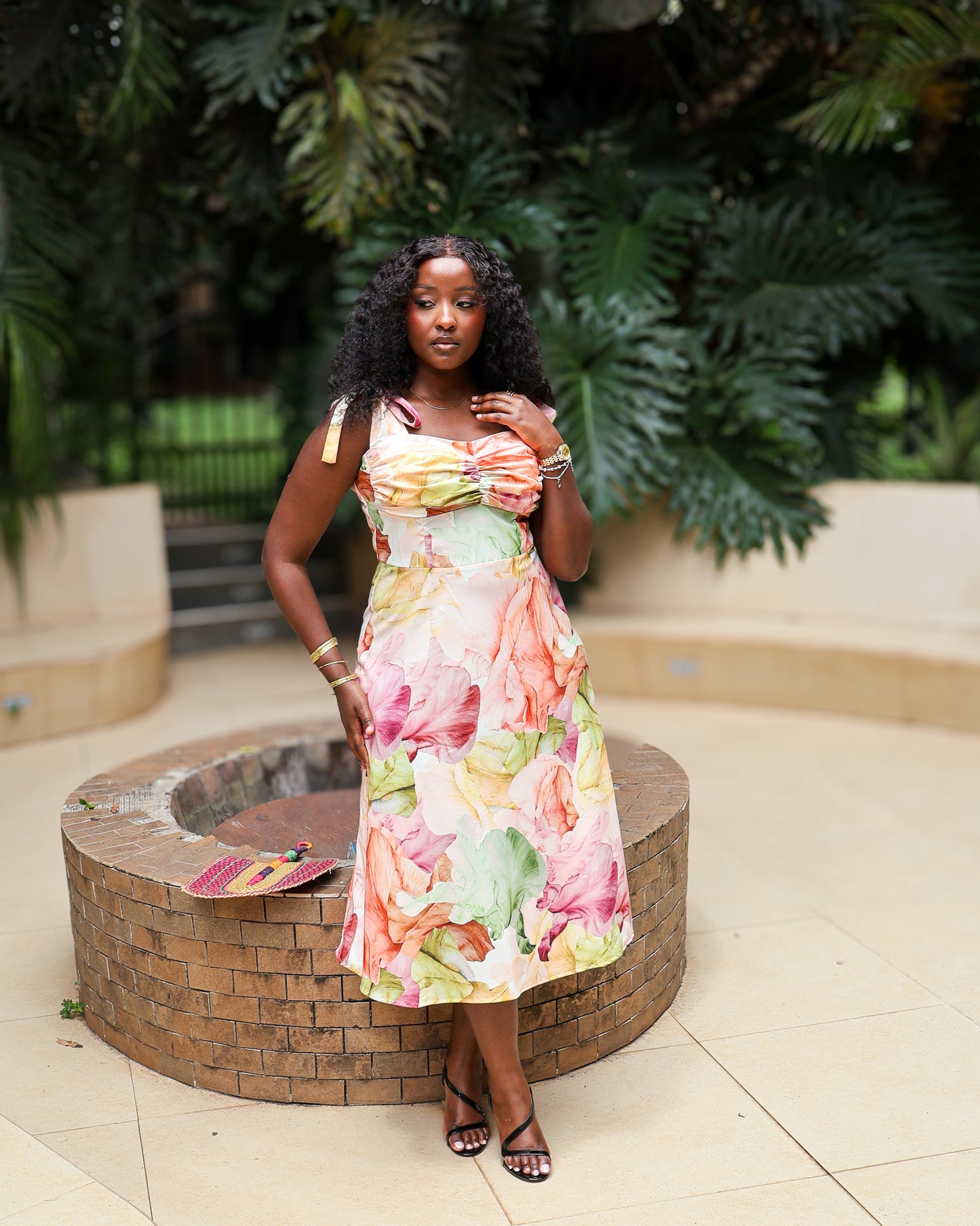 Tie Shoulder Sweetheart Midi Dress - Peach