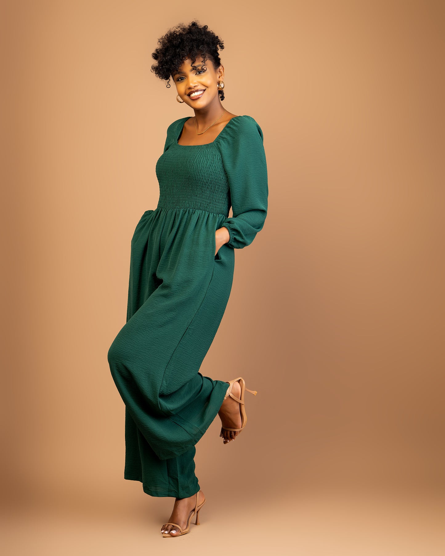 Green Long Sleeve Wide Leg Jumpsuit