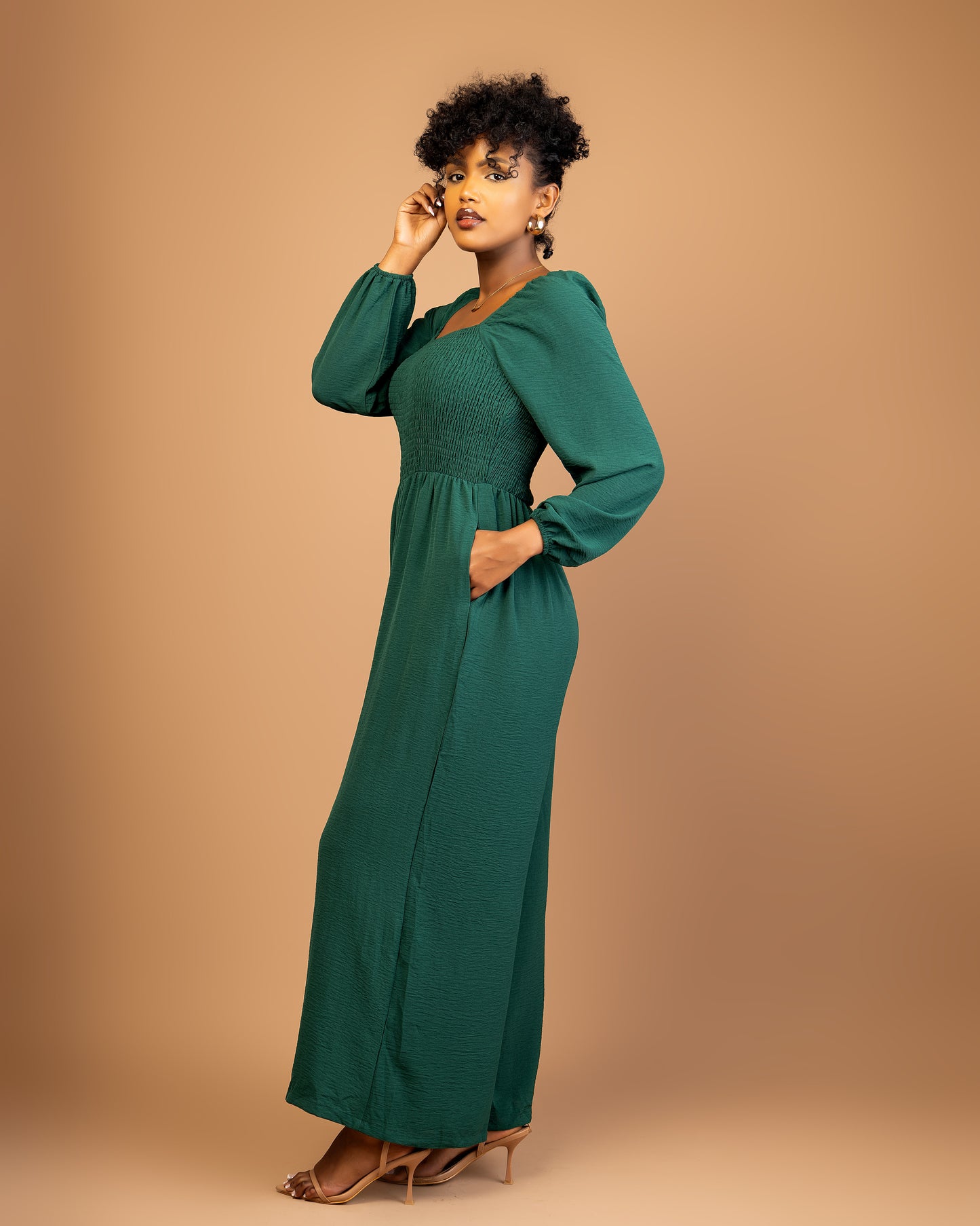 Green Long Sleeve Wide Leg Jumpsuit