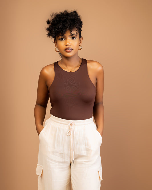 Brown Crew Neck Sleeveless Bodysuit