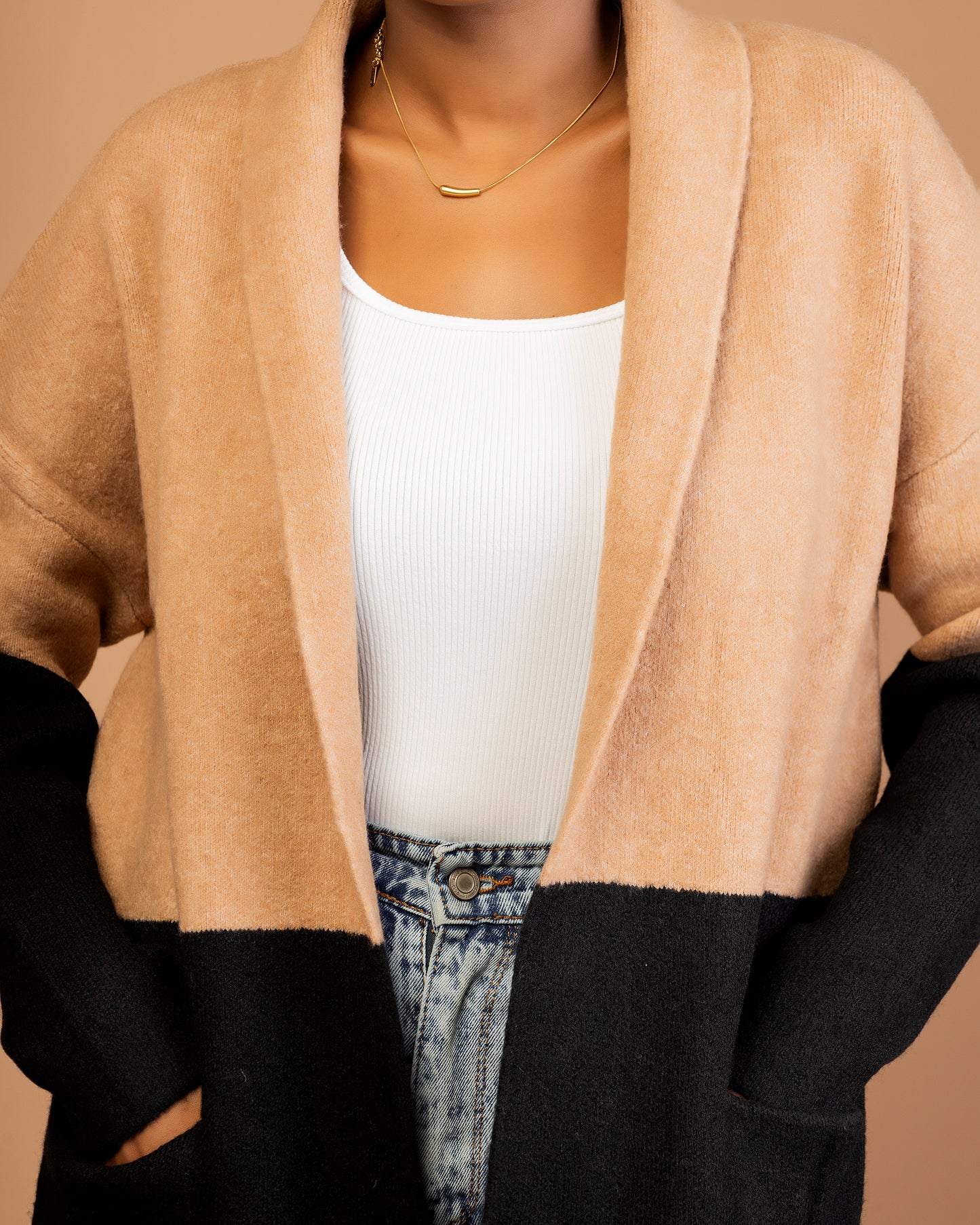 Brown Striped Pocketed Cardigan