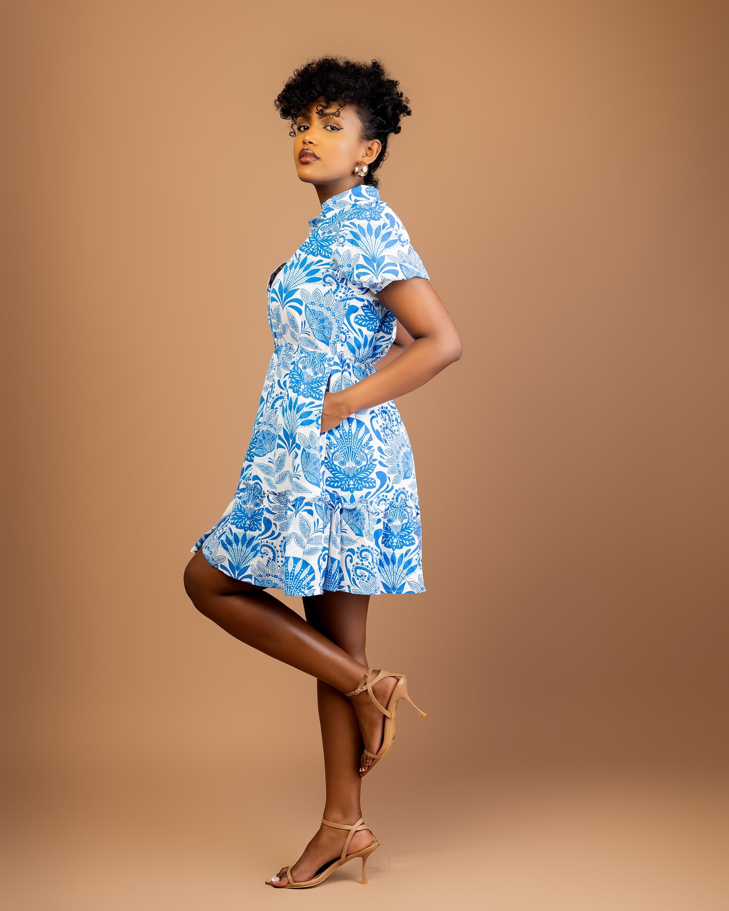 Sky Blue Printed Ruffled Mini Dress