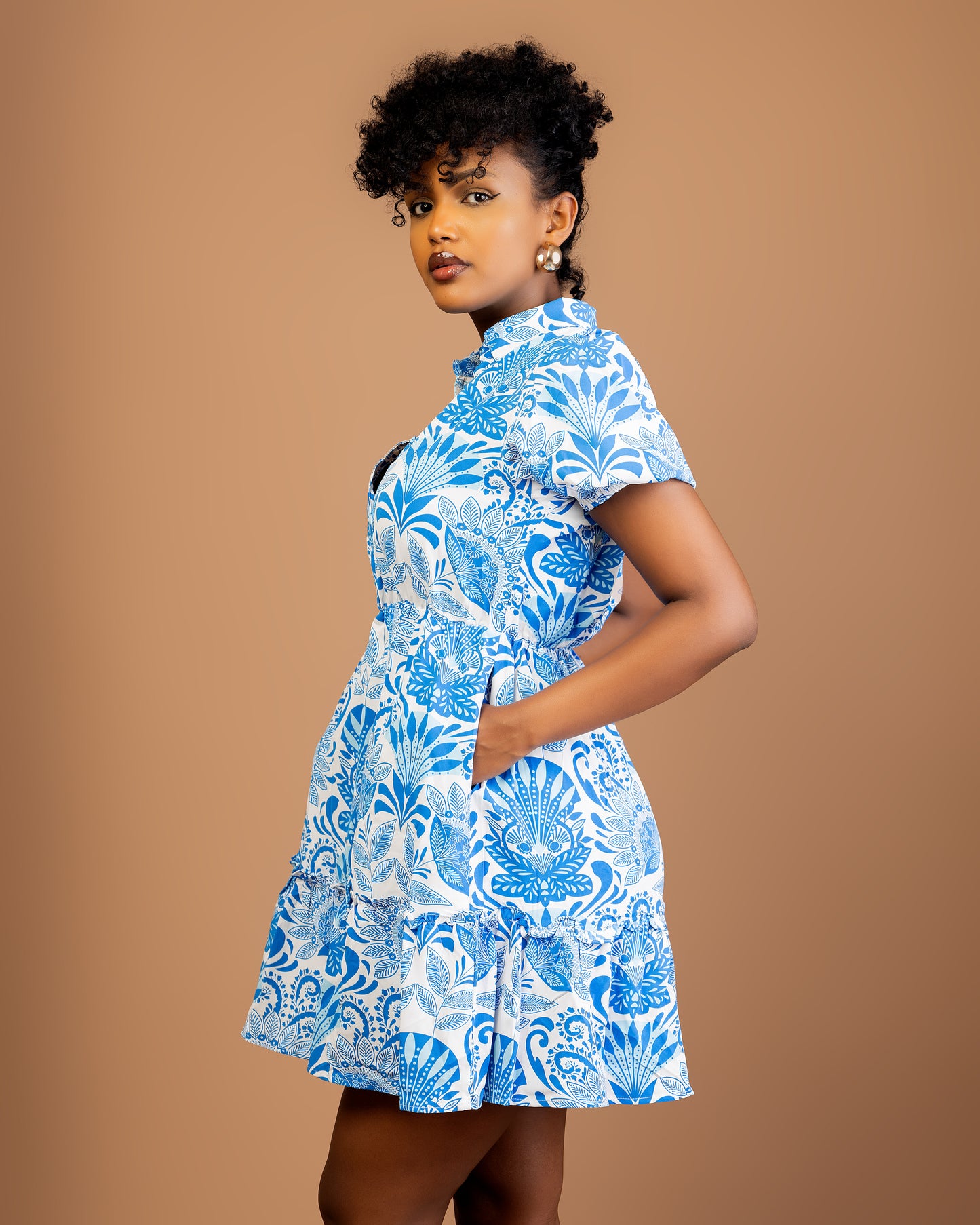 Sky Blue Printed Ruffled Mini Dress