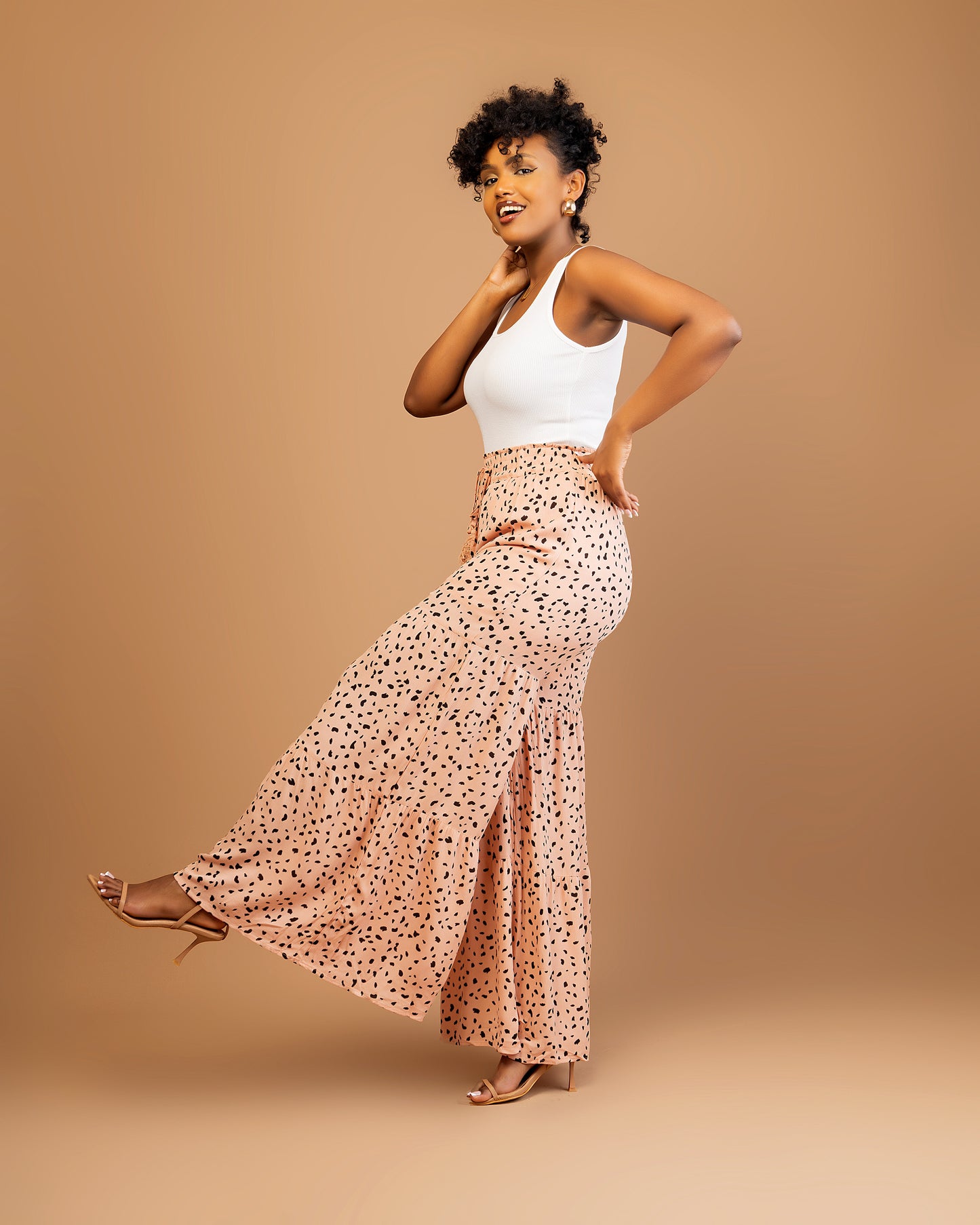 Brown Dotted Print Palazzo Pants