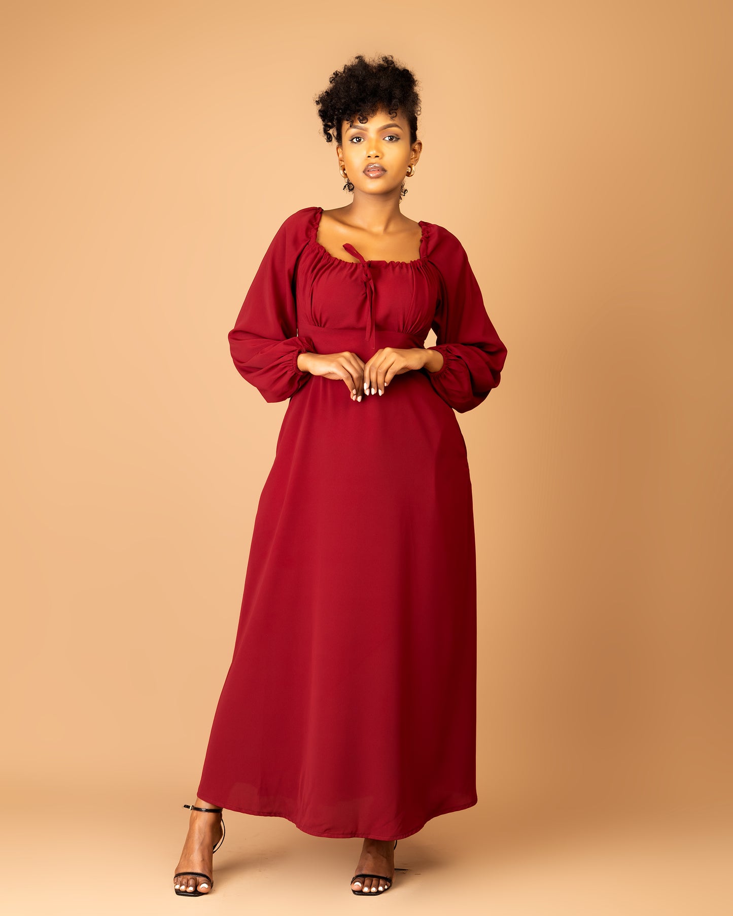 Burgundy Long Sleeve Shirred Back Maxi Dress