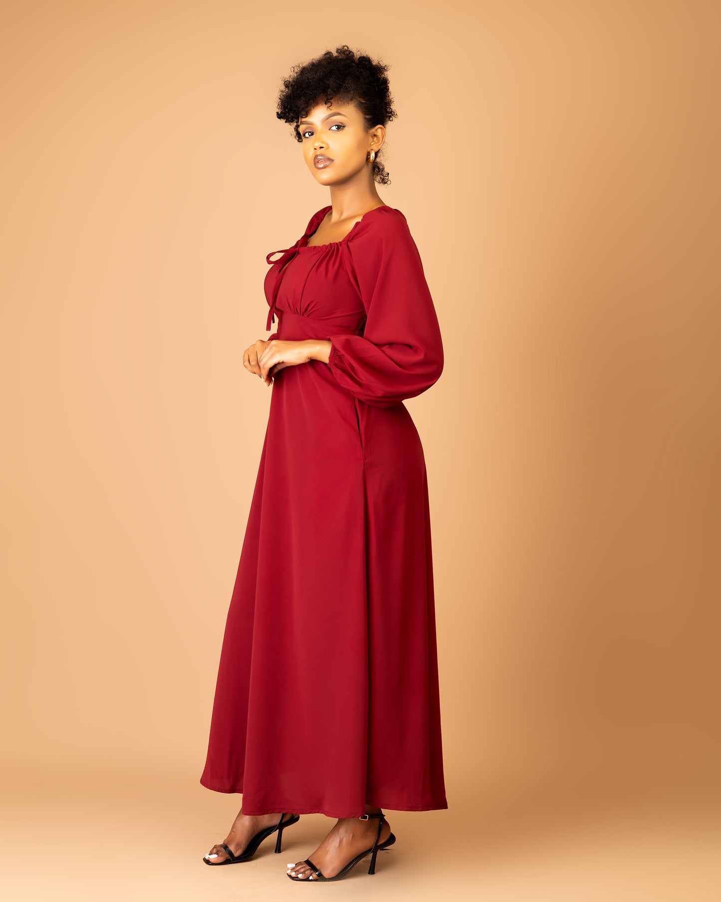 Burgundy Long Sleeve Shirred Back Maxi Dress