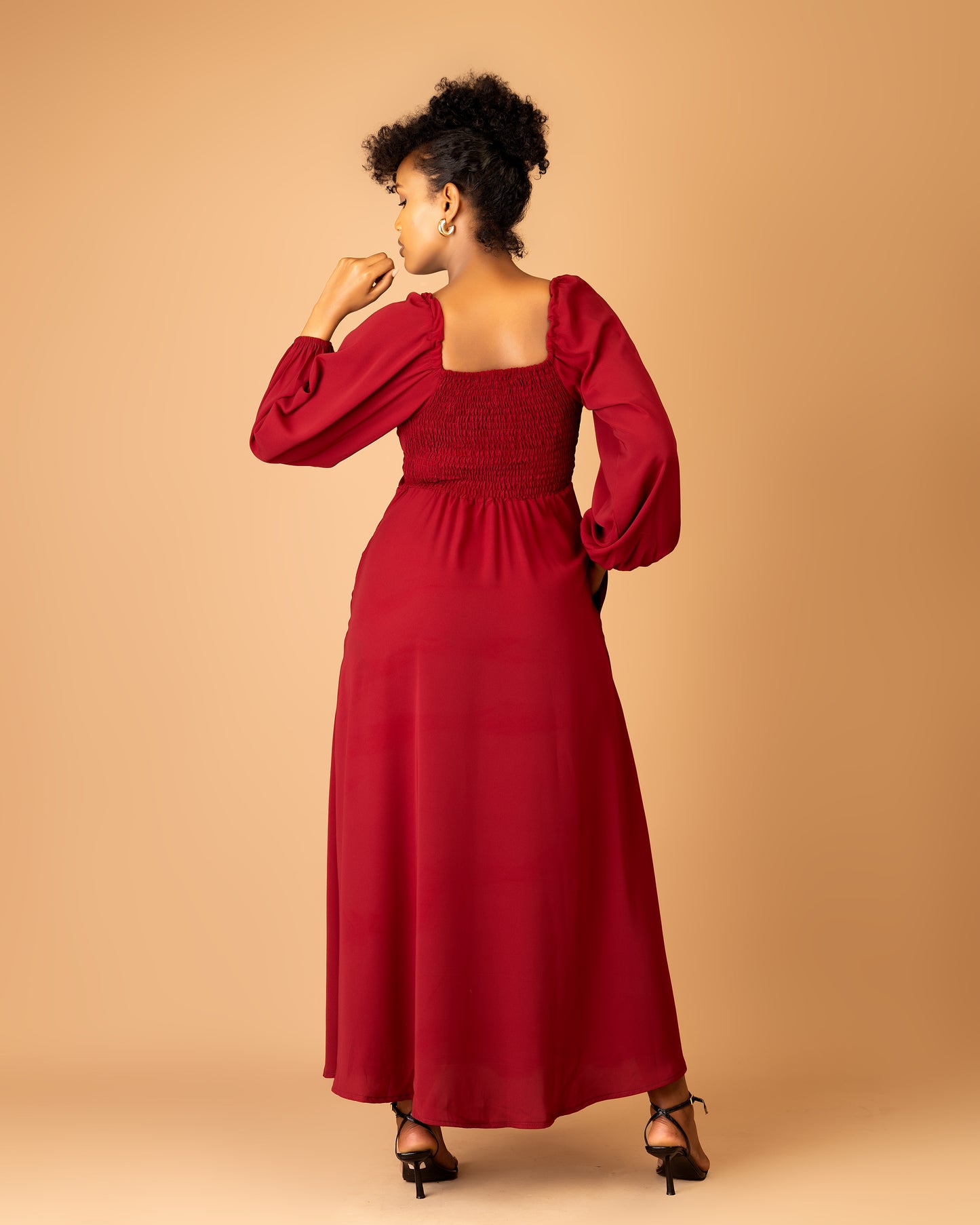 Burgundy Long Sleeve Shirred Back Maxi Dress