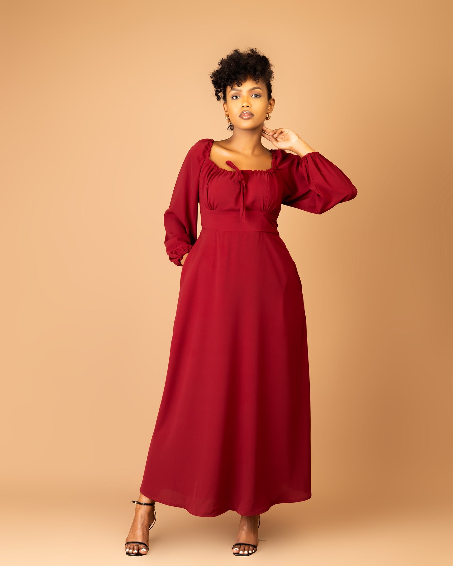 Burgundy Long Sleeve Shirred Back Maxi Dress