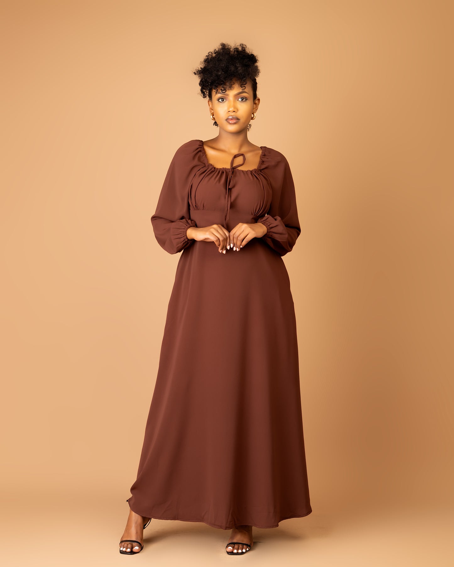 Brown Long Sleeve Shirred Back Maxi Dress