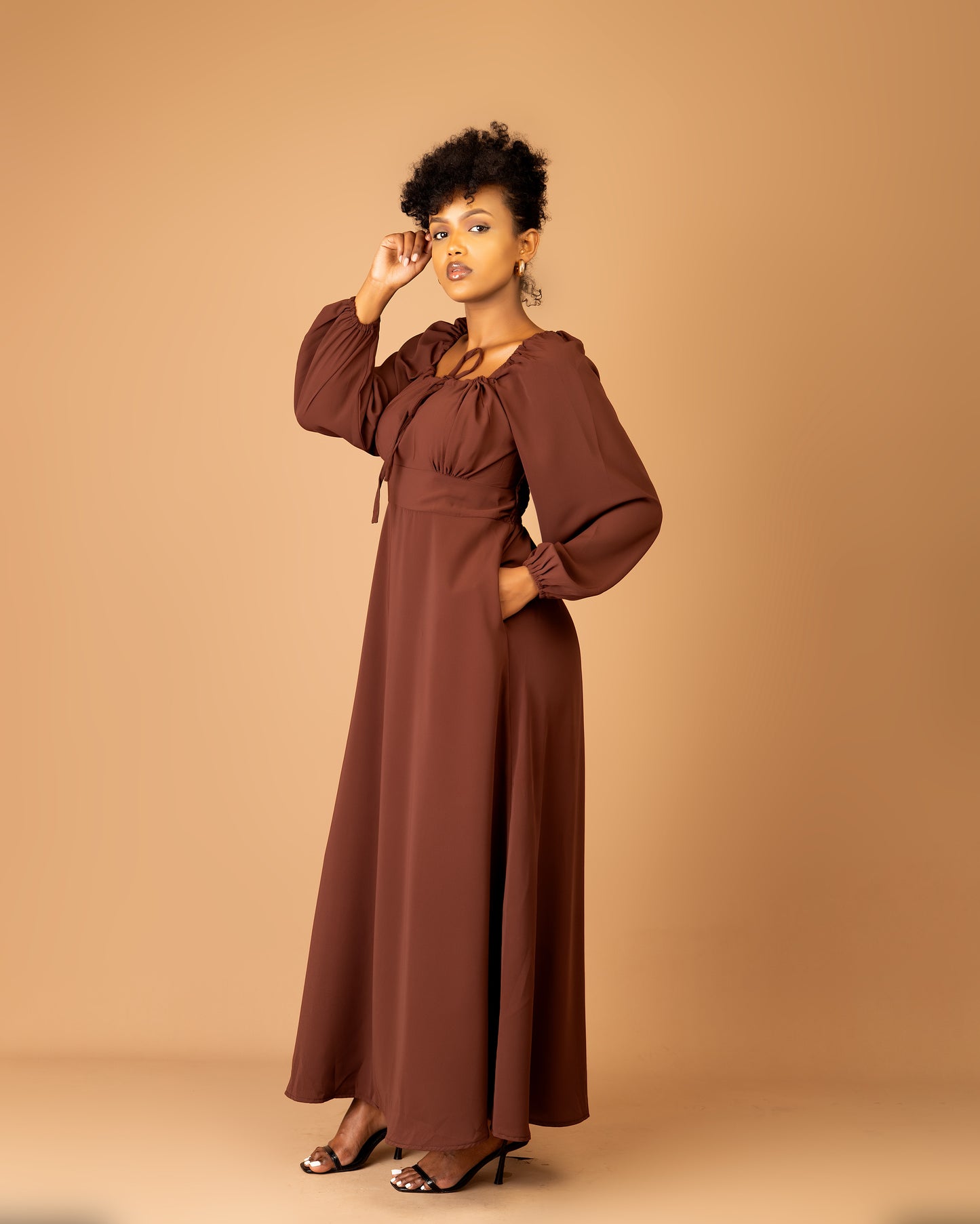 Brown Long Sleeve Shirred Back Maxi Dress