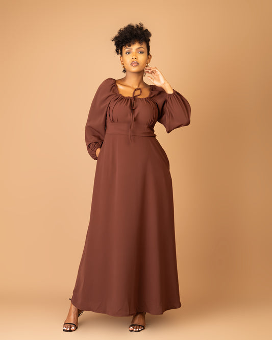 Brown Long Sleeve Shirred Back Maxi Dress