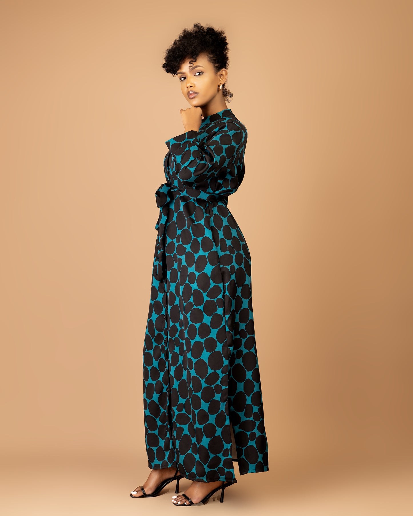 Blue Abstract Print Belted Maxi Shirtdress